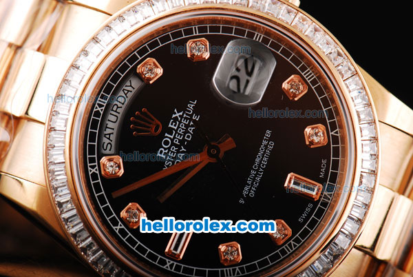Rolex Day-Date Swiss ETA 2836 Automatic Movement Full Rose Gold Case/Strap with Black Dial and Diamond Bezel/Hour Marker - Click Image to Close
